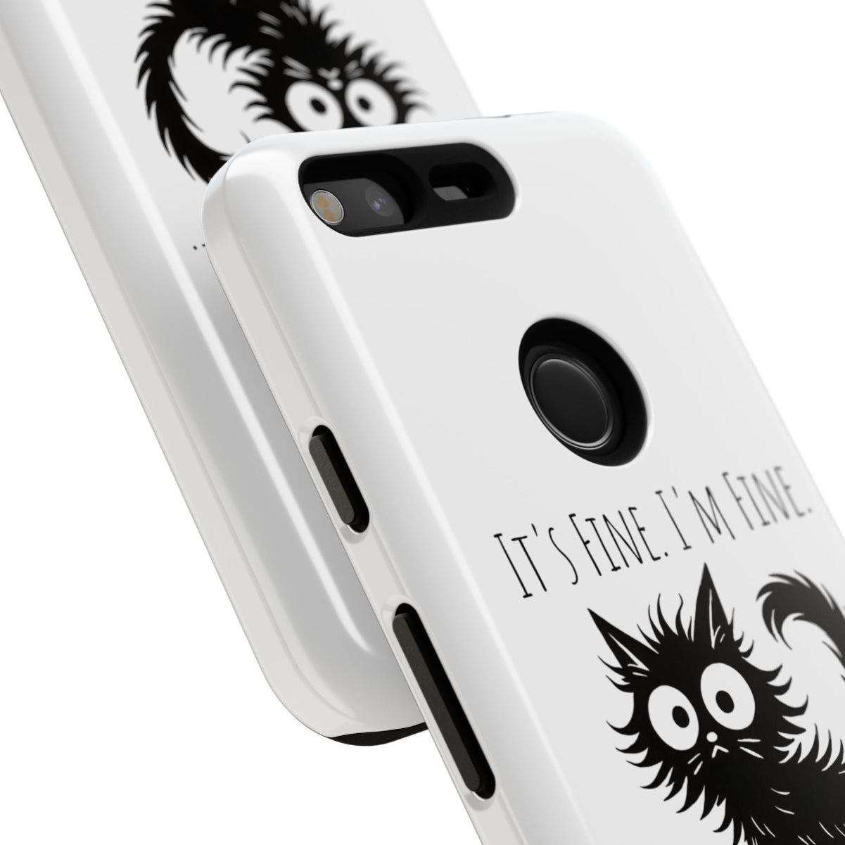 Phone case with cartoon character and 'It's fine, I'm fine' text on a white background